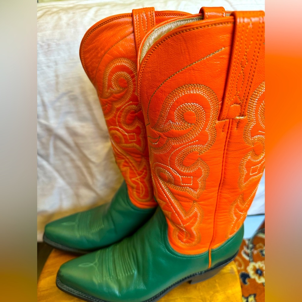 Ferrini Green Orange Leather Cowboy Boots Western Pointed Toe Women’s 7 - Picture 2 of 12